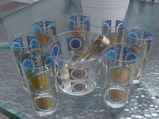 Vtg Mid Century 7 Drinking Glasses Ice Bucket Tongs Gold Blue Green Modern Sgnd