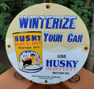 Vintage Husky Gasoline Porcelain Gas & Oil Sign Pump Plate Winterize