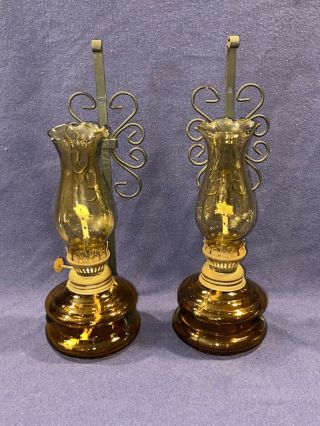 2 Vintage Mini Oil Lamps Black Metal Wall Mounts Amber Glass Base And Chimney