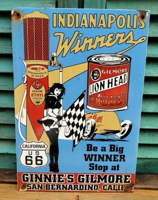 Vintage Old Gilmore Lion Head Motor Oil Route 66 Porcelain Enamel Gas Pump Sign