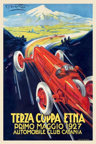 Vintage Italian Motor Racing Poster 1920s Coppa Etna Catania Sicily Art Deco