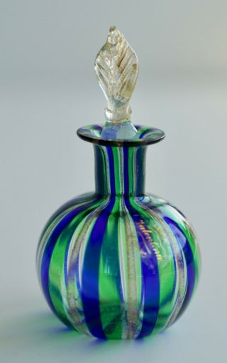 Vintage Murano Perfume Bottle Venetian Striped Blue & Green & Gold Dust