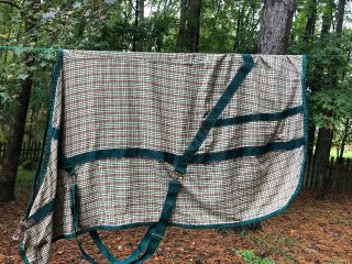 Vtg Ppc Brookhaven Cotton Stable Sheet Cooler Hunter Green/tan/red Plaid 78 " Guc
