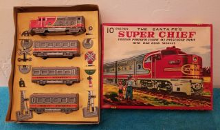 Vintage 1950s Japan Tin Friction Toy Santa Fe Chief Train W Railroad Signs