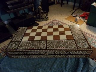 Vintage Chess & Backgammon Board Hand Crafted Wood W/ Inlays 19 5/8 " X 19 1/2 "