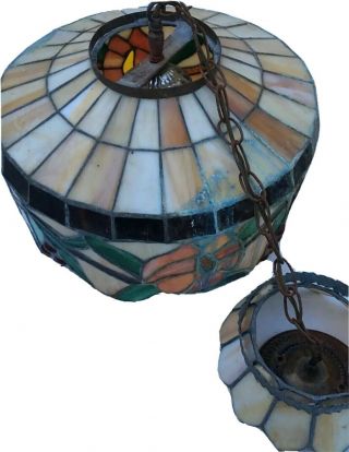 Vintage HANGING TIFFANY STYLE LIGHT LAMP CEILING FIXTURE & CHAIN 19 1/2 DIAMETER 2