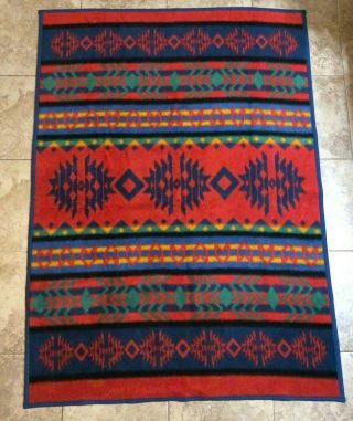 Vintage Biederlack Southwest Blanket Plush Made In Usa Aztec Reversible