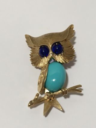 Vintage Crown Trifari Turquoise Jelly Belly Owl Brooch
