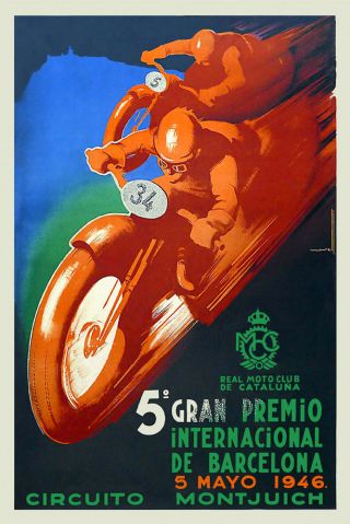 Vintage 1940s Motorcycle Racing Poster Montjuic Barcelona Cataluña Grand Prix
