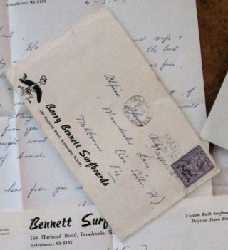 Barry Bennett Signed 1963 Surfboards Letter,  Invoice & Envelope Vintage Surfing