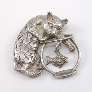 Vintage Sterling Silver Cat Kitten Fish Bowl Dangle Fish Antique Pin Brooch Lfc3