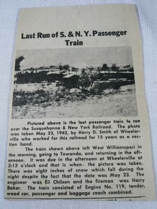 Newspaper Clipping Recalls,  Shows 1942 Last Run Of S&ny Rr - - Barclay,  Laquin