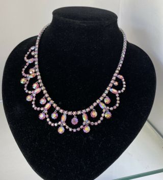 Vintage Jewellery Silver Tone Aurora Borealis Crystal Chandelier Necklace 3