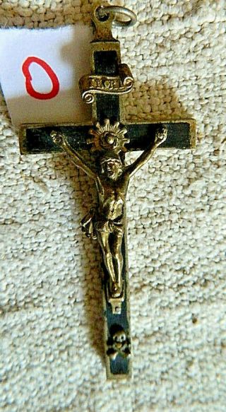 Antique 1800 Nun Monk Cross Crucifix Ebony Black Wood Bronze Skull Crossbones