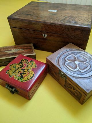 Antique Vintage 4 Boxes Jewellery Stationary Wood Mother Of Pearl Carved