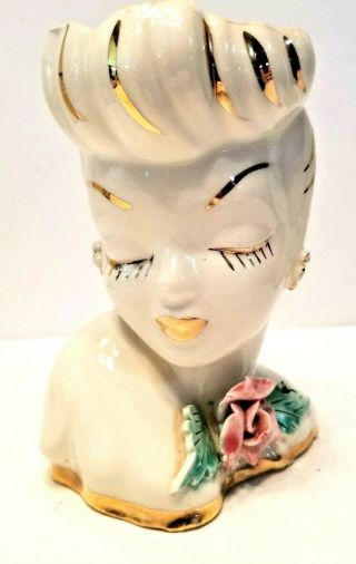 Vintage Glamour Girl Lady Head Vase Planter Hand Painted 22k Gold 5 1/2 " Tall
