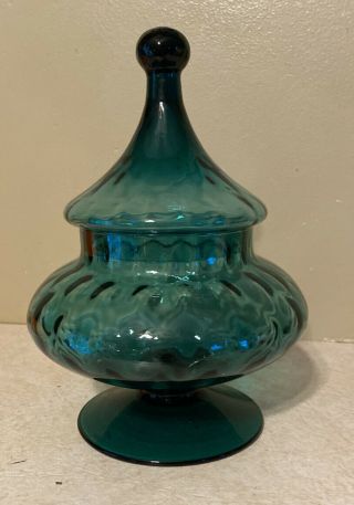 Vintage Mid Century Italian Green Blue Art Glass Apothecary Jar Optic Swirl
