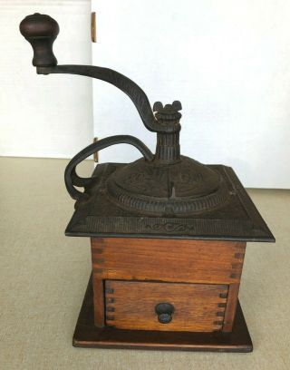 Vintage Wooden Jointed Box Coffee Grinder (cast Iron Top With Jointed Drawer)