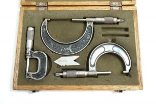 Vtg Brown & Sharpe 3 Piece Micrometer Set 2 - 3,  1 - 2 And 1 " No 59 In Wooden Case