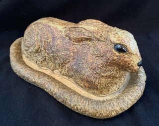 Vintage Bunny Rabbit On Nest Studio Art Hand Made Pottery Butter Dish W L/id Euc