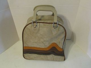 Vintage 70’s Bowling Ball Bag Metal Rack Brown Tan Chevron Stripes