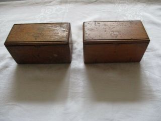 2 Antique Oak Wooden Puzzle Boxes Singer Sewing Machine & Attachments