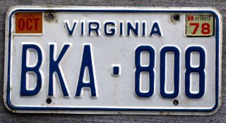 6 - Digit Blue And White Virginia License Plate With A 1978 Sticker
