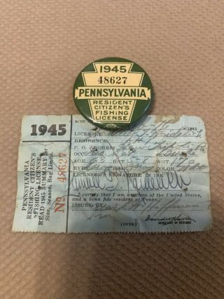 1945 Pa Pennsylvania Fishing License W Matching Paper
