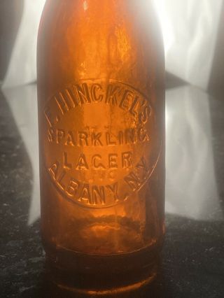 Antique F.  Hinckels Sparkling Lager Bottle Albany NY 1880 Amber Blob Top 2
