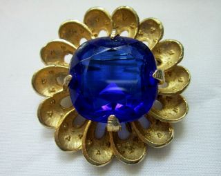 Vintage Gold Tone Brooch With Large Bright Blue Glass Stone