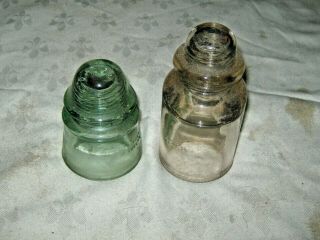 2 X Vintage A.  G.  M & C C.  G.  Light Green & Clear Glass Electric Insulators No.  4&13