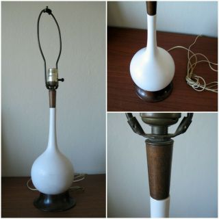 Vtg Mid Century Modern Ceramic Table Lamp Danish Wood White Globe Scandinavian