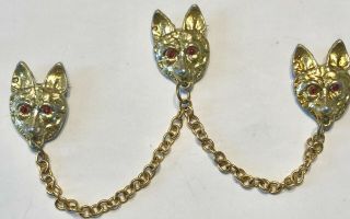 Antique Vintage Gold Tone Fox Heads Scatter Chained Brooch Pins - Estate