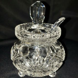 Vintage Violetta Cut Crystal.  Glass Jam Relish Jar Honey Pot & Gass Ladle.