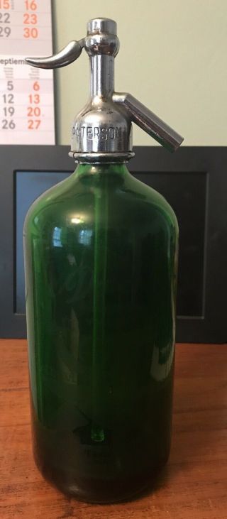 Antique Vintage Green Seltzer Bottle Double Side Etching 1900’s