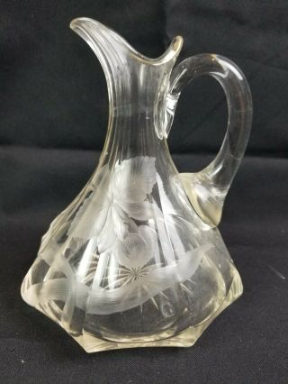 Intaglio Antique Early American Cut Glass Pitcher Etched Engraved Art Nouveau