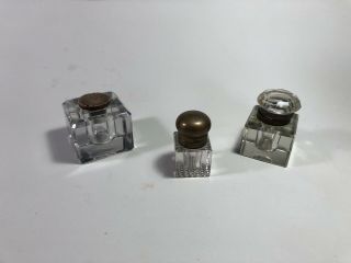 Three Small,  Antique Crystal Inkwells,  2 With Brass Appointments