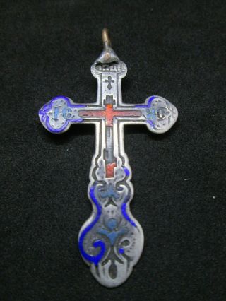 Antique 19th Century Solid Silver 84 Russian Orthodox Ornate Cross With Enamels