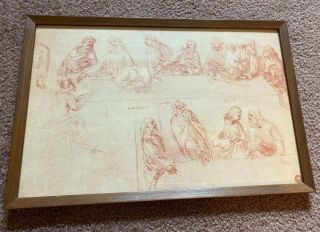 Vintage Unsigned Last Supper Charcoal Sketch Print In Red Hues In Frame
