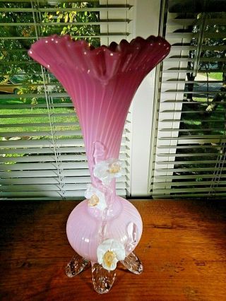 Antique Art Glass Vase Large 10 Inch Applied Floral Decor Pink Crimped Rim 2