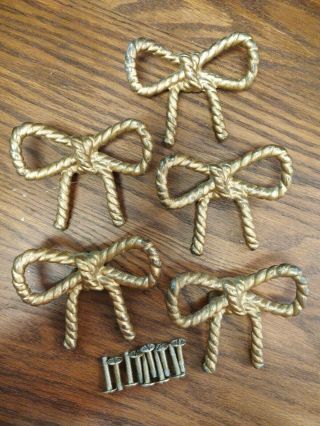 Set 5,  1 Tie Bow Gold Metal Antique Knob Vintage Pull For Drawers Or Cabinets