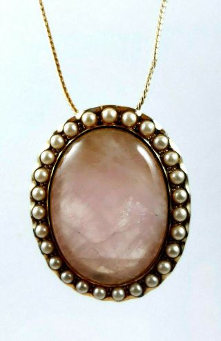 Vintage Gorgeous Rose Quartz W/ Sim.  Pearls On A 28 " Gold Tone Chain Pendant/pin