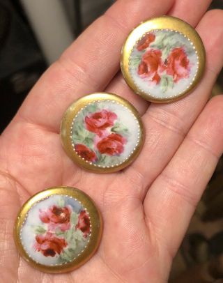Set 3 Lovely Antique Victorian Hand Painted Roses Porcelain Stud Buttons 1 1/8”