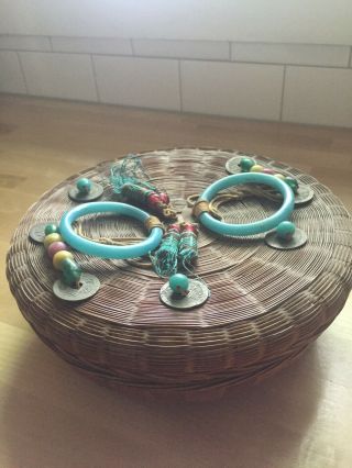Antique Chinese Sewing Basket Woven Wicker And Peking Glass Rings,  Beads.
