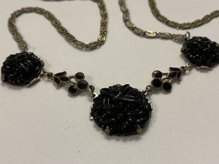 art deco vintage pressed floral black czech glass and enamel necklace 2