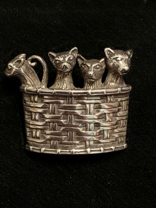 Vintage Sterling Silver Signed Artist Cats In A Basket Pin Brooch J.  Claire