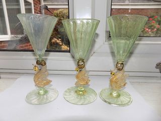 3 X Vintage Venetian Aventurine / Green Glass Stem Glasses With Swan Stems