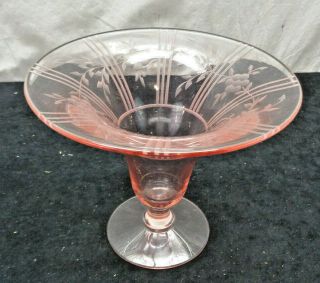 Vintage Depression Glass Pink Etched Floral Design Vase (oas7)