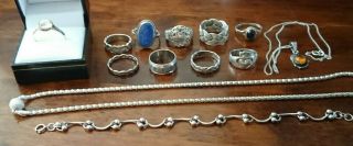Sterling Silver Vntg Ladies Mixed Joblot Necklaces / Rings / Bracelet / 48 Gr.