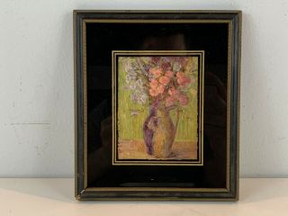 Vintage Floral Bouquet In Vase Oil Painting On Postcard Framed